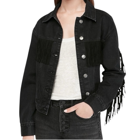 Express Large Black Fringe Cropped Denim Jean Jacket Western Cowgirl - Picture 1 of 7
